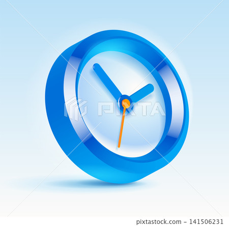 Modern glossy blue 3D clock icon with orange second hand on a soft background. Concept of time, schedule, reminder, deadline, productivity, and business planning 141506231