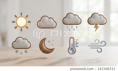 Set of eight minimalist weather icons featuring three dimensional wooden elements against soft blurred background with organized neatly light surface Set of eight minimalist weather icons featuring three dimensional wooden elements against soft blurred background with organized neatly light surface 141506331