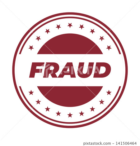 A distinct round red grunge stamp emblem clearly indicating the alarming word FRAUD in bold capital letters A distinct round red grunge stamp emblem clearly indicating the alarming word FRAUD in bold capital letters 141506464