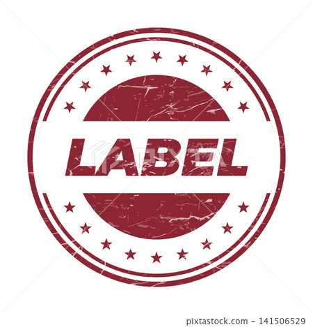 A textured red grunge circular stamp prominently featuring the word label for product identification or branding A textured red grunge circular stamp prominently featuring the word label for product identification or branding 141506529