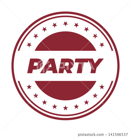 A vibrant red circular festive stamp prominently displays the word PARTY encircled by elegant decorative stars ideal for celebrations A vibrant red circular festive stamp prominently displays the word PARTY encircled by elegant decorative stars ideal for celebrations 141506537