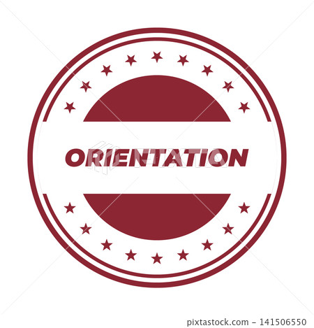 A vivid red circular stamp graphic prominently showcasing the word ORIENTATION framed by decorative star elements 141506550