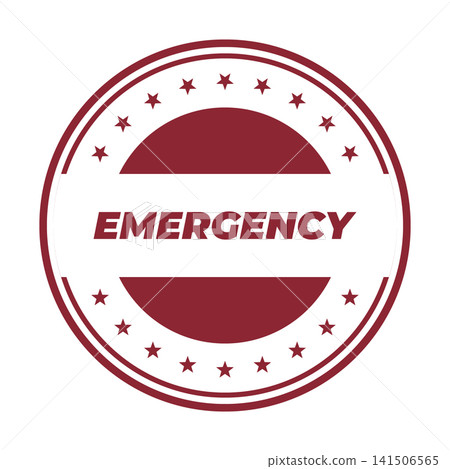 An urgent red circular stamp boldly featuring the word EMERGENCY surrounded by a ring of small stars, highlighting critical situations 141506565