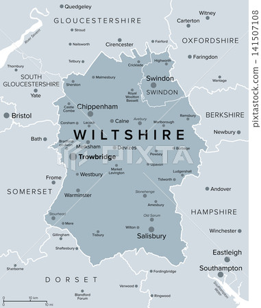 Wiltshire, ceremonial county in South West England, UK, gray political map, with county town Trowbridge and largest settlements Swindon and Salisbury. Noted for Stonehenge and Avebury stone circles. Wiltshire, ceremonial county in South West England, UK, gray political map, with county town Trowbridge and largest settlements Swindon and Salisbury. Noted for Stonehenge and Avebury stone circles. 141507108