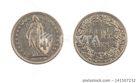 Obverse and reverse sides of a vintage Swiss Francs silver coin show design and details from the year 1972 Obverse and reverse sides of a vintage Swiss Francs silver coin show design and details from the year 1972 141507232