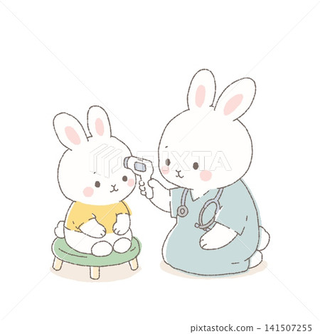 Cute rabbit illustration taking temperature. (Temperature measurement, health check, medical) Cute rabbit illustration taking temperature. (Temperature measurement, health check, medical) 141507255
