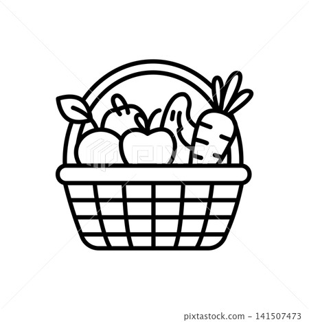 A clean minimalist outline icon showing a basket overflowing with fresh produce like carrots and apples. Symbolizes organic farming, sustainable agriculture, local produce, and healthy eating. A clean minimalist outline icon showing a basket overflowing with fresh produce like carrots and apples. Symbolizes organic farming, sustainable agriculture, local produce, and healthy eating. 141507473