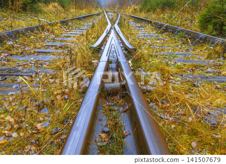 Close examination of railway junction reveals gleaming rails with visible wear and bolts with marks Close examination of railway junction reveals gleaming rails with visible wear and bolts with marks 141507679