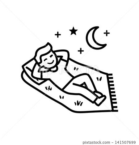 A cozy outline icon of a person lying comfortably on an outdoor mat beneath a moon and twinkling stars. Represents nature relaxation, camping, mindfulness, stress relief, and restorative rest. A cozy outline icon of a person lying comfortably on an outdoor mat beneath a moon and twinkling stars. Represents nature relaxation, camping, mindfulness, stress relief, and restorative rest. 141507699