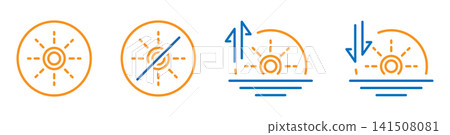 Flat icons of rising and setting sun, absence of sun, time of day icon set, linear graphics on white background 141508081