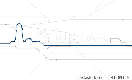 Minimalist maritime infrastructure vector illustration featuring a lighthouse, cargo ship and abstract transport network lines. Modern linear design for logistics, navigation and marine industry. Minimalist maritime infrastructure vector illustration featuring a lighthouse, cargo ship and abstract transport network lines. Modern linear design for logistics, navigation and marine industry. 141509339