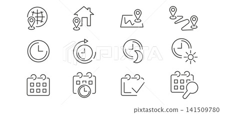 Location planning icons, clocks, maps and calendars, thin line icon illustrations set Location planning icons, clocks, maps and calendars, thin line icon illustrations set 141509780
