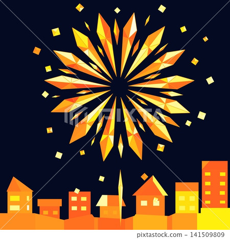 A cityscape in the style of origami with a night view of fireworks in the background. 141509809