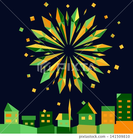 A cityscape in the style of origami with a night view of fireworks in the background. A cityscape in the style of origami with a night view of fireworks in the background. 141509810