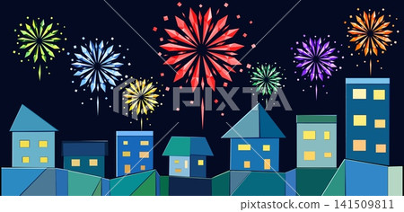 A cityscape in the style of origami with a night view of fireworks in the background. A cityscape in the style of origami with a night view of fireworks in the background. 141509811