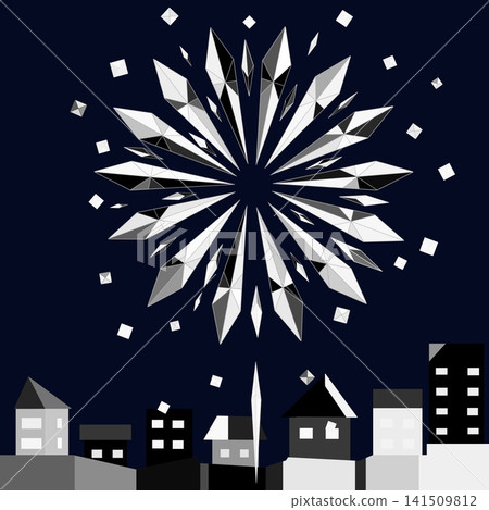 一幅摺紙風格的城市景觀畫，背景是夜晚的煙火。 141509812