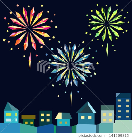 A cityscape in the style of origami with a night view of fireworks in the background. 141509815