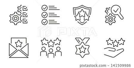 A set of vector icons for quality control, containing elements of inspection, evaluation, production, quality assurance, testing A set of vector icons for quality control, containing elements of inspection, evaluation, production, quality assurance, testing 141509986