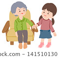 A grandmother sitting on a sofa and a little girl standing beside her. A grandmother sitting on a sofa and a little girl standing beside her. 141510130