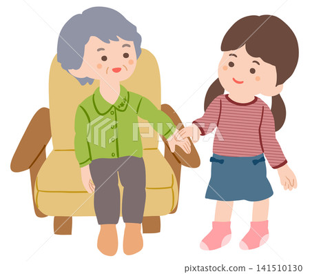 A grandmother sitting on a sofa and a little girl standing beside her. A grandmother sitting on a sofa and a little girl standing beside her. 141510130