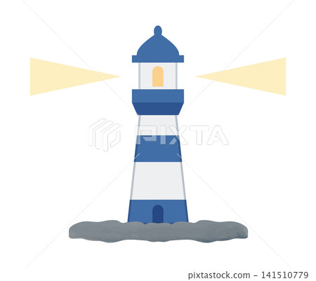 A charming, hand-drawn style illustration of a lighthouse with blue and white stripes illuminating the sea. A charming, hand-drawn style illustration of a lighthouse with blue and white stripes illuminating the sea. 141510779