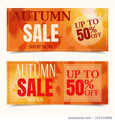 Set of two horizontal autumn sale promotional banners featuring bold typography, up to fifty percent discount badges, and a warm golden foliage background for commercial events. Set of two horizontal autumn sale promotional banners featuring bold typography, up to fifty percent discount badges, and a warm golden foliage background for commercial events. 141510968