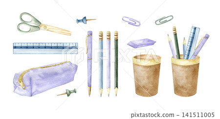 Watercolor back to school stationery illustration set with pencils, ruler, pen, scissors, pencil case, paper clips and eraser. Cute student study supplies clip art for school designs. Detailed drawing Watercolor back to school stationery illustration set with pencils, ruler, pen, scissors, pencil case, paper clips and eraser. Cute student study supplies clip art for school designs. Detailed drawing 141511005