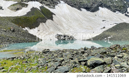 Snowfields melt into White Abudelauri Lake beneath Chaukhi cliffs in Georgia, documenting seasonal water supply Snowfields melt into White Abudelauri Lake beneath Chaukhi cliffs in Georgia, documenting seasonal water supply 141511069