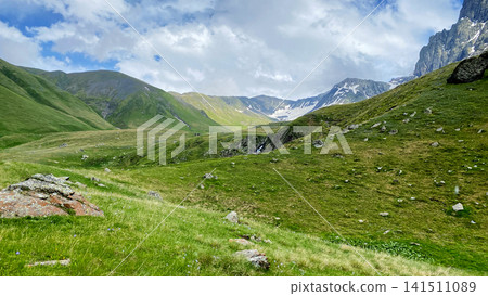 Green alpine slopes collect snowmelt beneath Chaukhi Mountain in Georgia, forming a natural catchment suited to environmental education Green alpine slopes collect snowmelt beneath Chaukhi Mountain in Georgia, forming a natural catchment suited to environmental education 141511089