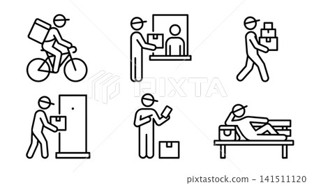 Courier bike delivery worker icon set vector illustration. Courier on bicycle, window pickup, doorstep delivery, smartphone order and resting. Courier bike delivery worker icon set vector illustration. Courier on bicycle, window pickup, doorstep delivery, smartphone order and resting. 141511120