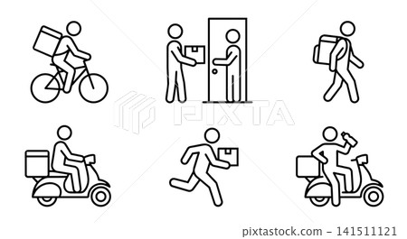 Food delivery man and courier service icon set vector illustration. Courier on bicycle, scooter, running, doorstep delivery and drinking water. Food delivery man and courier service icon set vector illustration. Courier on bicycle, scooter, running, doorstep delivery and drinking water. 141511121