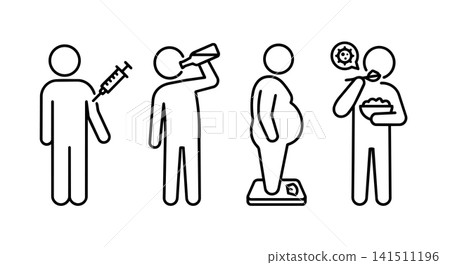 Unhealthy habits, medical injection, alcoholism drinking, obesity weight scale and contaminated food eating icon set vector. Unhealthy habits, medical injection, alcoholism drinking, obesity weight scale and contaminated food eating icon set vector. 141511196