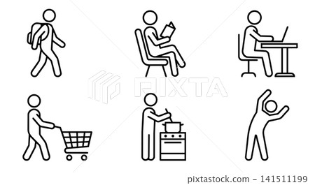 Daily lifestyle routine, walking, reading book, laptop working, grocery shopping, cooking and stretching exercise icon set vector. Daily lifestyle routine, walking, reading book, laptop working, grocery shopping, cooking and stretching exercise icon set vector. 141511199