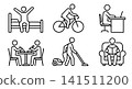 Daily routine lifestyle, waking up in bed, cycling, laptop working, dining together, vacuum cleaning and sofa reading icon set vector. 141511200