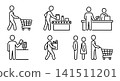Supermarket checkout process, shopping cart, conveyor belt, cashier, card payment, paper bag and queue line icon set vector. 141511201