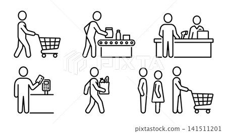 Supermarket checkout process, shopping cart, conveyor belt, cashier, card payment, paper bag and queue line icon set vector. Supermarket checkout process, shopping cart, conveyor belt, cashier, card payment, paper bag and queue line icon set vector. 141511201