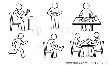 Diabetes management and healthcare routine set vector illustration. Glucose test, insulin injection, healthy diet, exercise, foot care and doctor consultation. 141511203