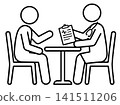 Patient consulting doctor with medical report clipboard and stethoscope icon vector illustration. Healthcare examination concept. 141511206