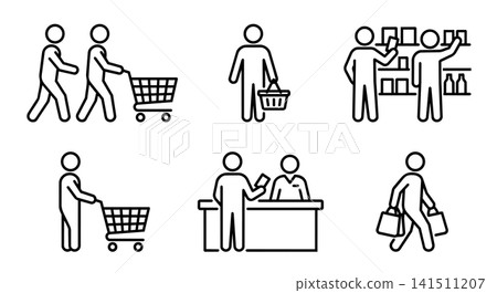 Supermarket and grocery shopping daily process icon set vector illustration. Shopping cart, basket, shelf, cashier and bags. Supermarket and grocery shopping daily process icon set vector illustration. Shopping cart, basket, shelf, cashier and bags. 141511207
