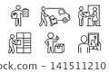 Supermarket checkout process, conveyor belt, card payment and queue icon set vector illustration. Grocery shopping workflow. 141511210