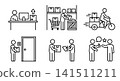 E-commerce logistics and parcel delivery process icon set vector illustration. Warehouse sorting, courier, doorstep delivery, sign for package and review. 141511211