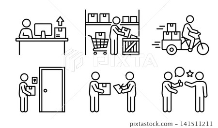 E-commerce logistics and parcel delivery process icon set vector illustration. Warehouse sorting, courier, doorstep delivery, sign for package and review. E-commerce logistics and parcel delivery process icon set vector illustration. Warehouse sorting, courier, doorstep delivery, sign for package and review. 141511211