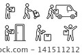 Courier parcel delivery service process icon set vector illustration. Delivery man with box, hand truck, van, scanning and doorstep delivery. 141511212