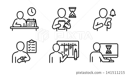 Time management, calendar schedule, hourglass countdown, task checklist, smartphone notification and computer work icon set vector. 141511215
