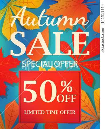 Vibrant autumn sale vertical poster featuring white bold lettering, special offer typography, and a red fifty percent discount box on a blue foliage background for retail events. 141511354