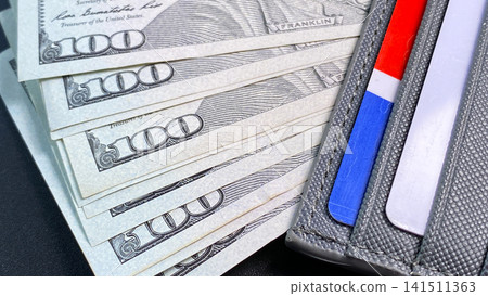 The American national currency. The cardholder with credit cards is on 100 dollar bills. Cash banknotes of one hundred US dollars. The American national currency. The cardholder with credit cards is on 100 dollar bills. Cash banknotes of one hundred US dollars. 141511363