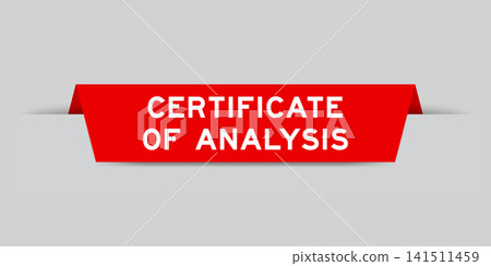 Red color inserted label with word certificate of analysis on gray background Red color inserted label with word certificate of analysis on gray background 141511459