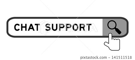 Search banner in word chat support with hand over magnifier icon on white background Search banner in word chat support with hand over magnifier icon on white background 141511518