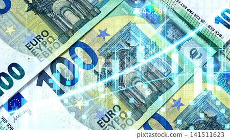 The background of euro money. 100 euros. Financial chart of profit indicators. Cash banknotes. The single currency of the European Union. The background of euro money. 100 euros. Financial chart of profit indicators. Cash banknotes. The single currency of the European Union. 141511623