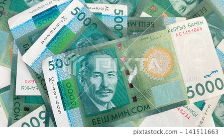 5000 SOM banknotes, current money of Kyrgyzstan. Background of the Kyrgyz national currency. Cash banknotes of 5000 som. 141511663